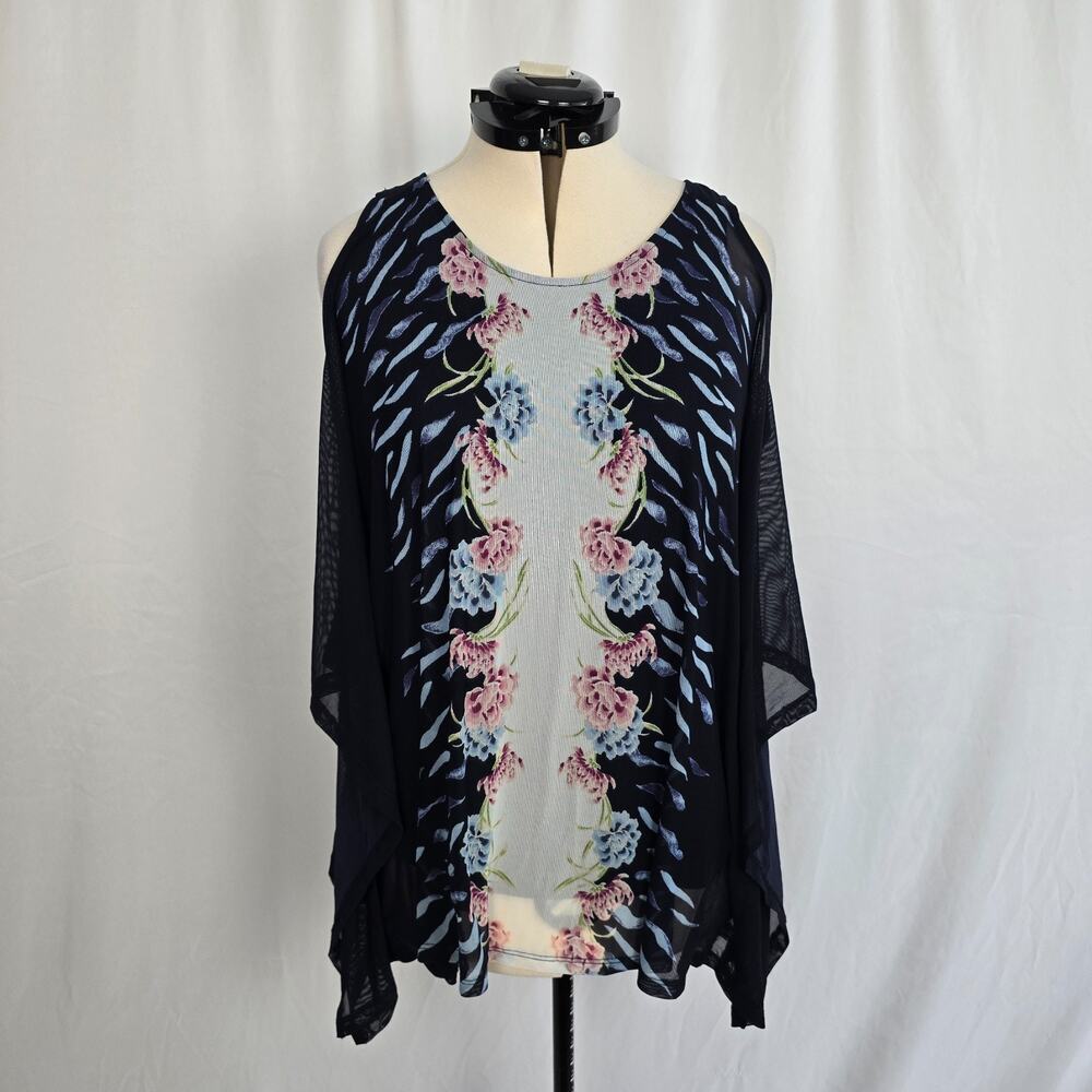 JM Collection Cold Shoulder Tank Blouse Women's 1 X Blue Floral Batwing NWT